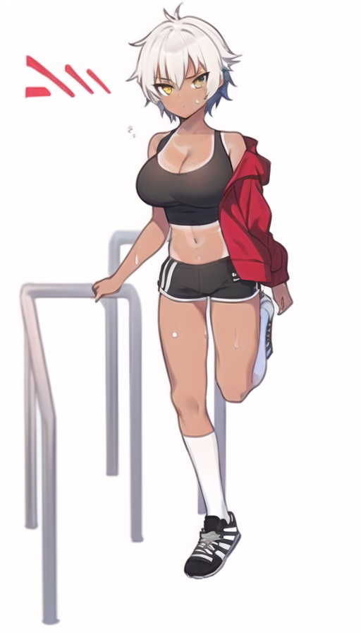 1girl, exercise, {{{adidas}}}, short shorts, skin tight, crop top, white hair, c s-255687621.png