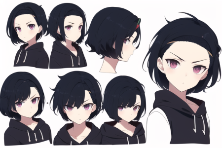 loli, androgynous, serious,  looking at viewer, pixie cut, hair pulled back, {{hair slicked ba...png