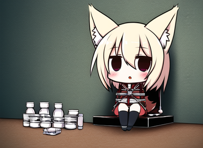 1girl, {chibi}, fox ears, short stack, {{{{{{{straitjacket}}}}}}}, drugs, pill,  s-1455198804.png