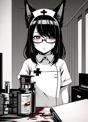 1girl, fox ears, short stack, {{nurse}}, glasses, syringe, [blood], {solid eyes} s-2199315762.png