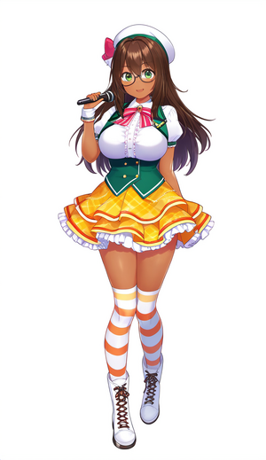 1girl, {green eyes}, dark-skinned female, blush, smile, brown hair, hair between s-4191654120.png