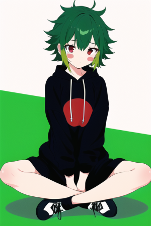 1girl, small breasts, black hoodie, sitting, {{{indian style}}}, red eyes, short s-1126200700.png