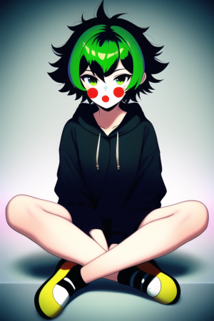 1girl, small breasts, black hoodie, {{clown}}, sitting, {{{indian style}}}, shor s-1386712828.png